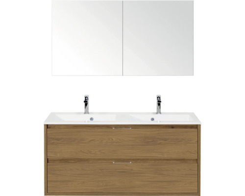 SANOX Badkamermeubelset Porto eiken 120 cm met twee lades incl. dubbele kunststenen wastafel met twee kraangaten en spiegelkast Wastafelmeubel met twee wastafels, houten onderkast en spiegelkast
