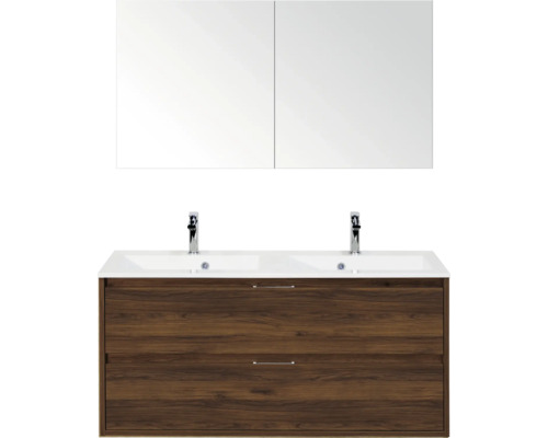 SANOX Badkamermeubelset Porto walnoot 120 cm met twee lades incl. dubbele kunststenen wastafel met twee kraangaten en spiegelkast Wastafelmeubel met dubbele wastafel, kranen en spiegelkast