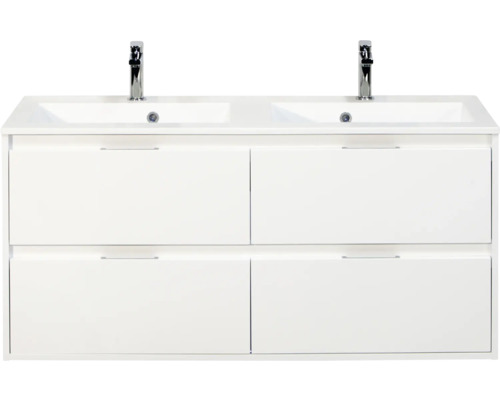 SANOX Badkamermeubelset Porto hoogglans wit 120 cm met vier lades incl. dubbele kunststenen wastafel met twee kraangaten Wastafelonderkast met twee wastafels en vier lades