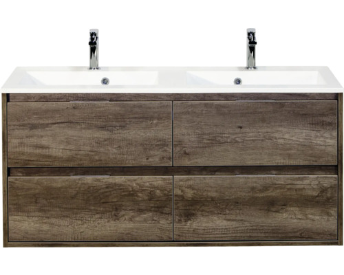 SANOX Badkamermeubelset Porto nebraska eiken 120 cm met vier lades incl. dubbele kunststenen wastafel met twee kraangaten Wastafelonderkast met vier laden en dubbele wastafel