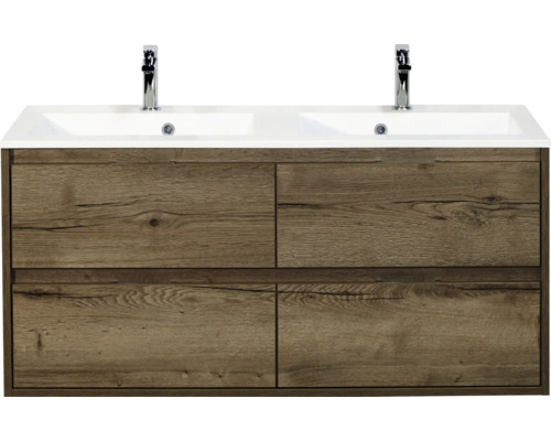 SANOX Badkamermeubelset Porto tabacco 120 cm met vier lades incl. dubbele kunststenen wastafel met twee kraangaten Wastafelonderkast met vier laden en dubbele wastafel