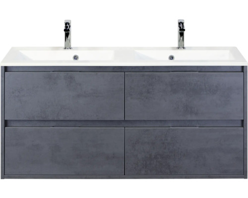 SANOX Badkamermeubelset Porto beton antraciet 120 cm met vier lades incl. dubbele kunststenen wastafel met twee kraangaten Wastafelonderkast met twee wastafels en vier laden