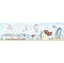 Illustratie van een kinderkamerscène met vliegtuigen, luchtballon, helikopter, trein en huizen