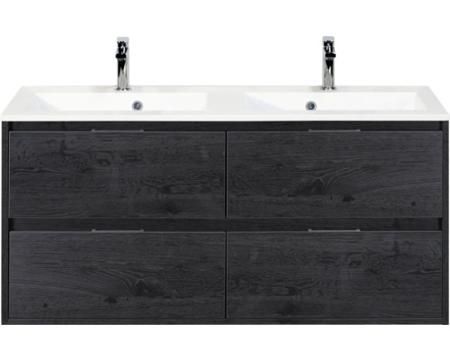 SANOX Badkamermeubelset Porto black oak 120 cm met vier lades incl. dubbele kunststenen wastafel met twee kraangaten Wastafelonderkast met dubbele wastafel en vier lades
