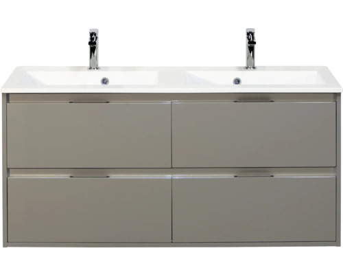 SANOX Badkamermeubelset Porto cubanit grey 120 cm met vier lades incl. dubbele kunststenen wastafel met twee kraangaten Wastafelonderkast met vier laden en twee wastafels