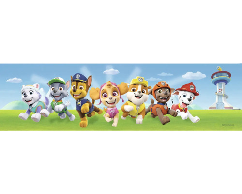 Paw Patrol muurschildering met de hoofdpersonages en het hoofdkwartier