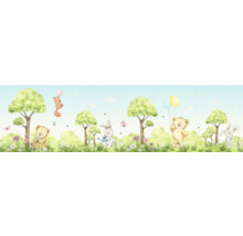 Illustratie met bomen, bloemen, teddyberen, konijnen en een vos