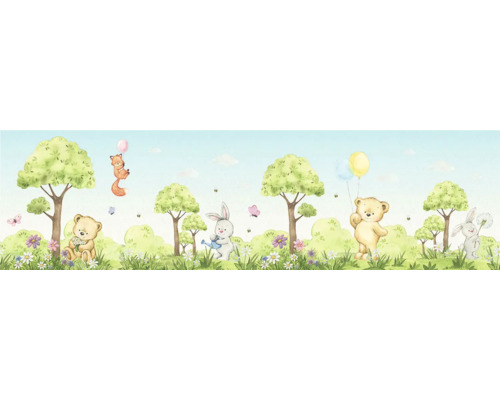 Illustratie met bomen, bloemen, teddyberen, konijnen en een vos