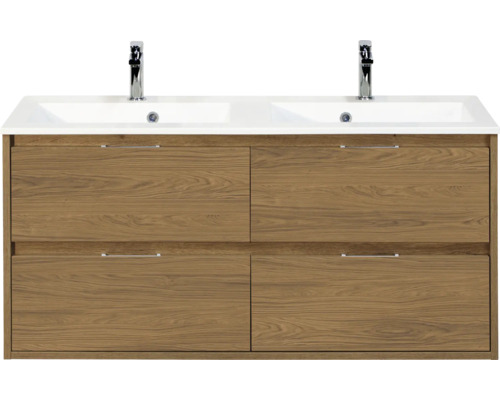 SANOX Badkamermeubelset Porto eiken 120 cm met vier lades incl. dubbele kunststenen wastafel met twee kraangaten Wastafelonderkast met vier lades en dubbele wastafel