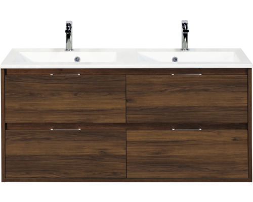 SANOX Badkamermeubelset Porto walnoot 120 cm met vier lades incl. dubbele kunststenen wastafel met twee kraangaten Wastafelonderkast met twee wastafels en vier lades