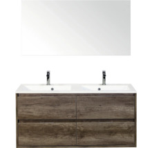 Wastafelmeubel met spiegel en twee wastafels in de badkamer