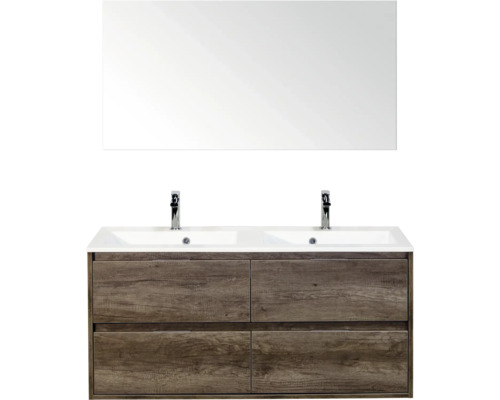 SANOX Badkamermeubelset Porto nebraska eiken 120 cm met vier lades incl. dubbele kunststenen wastafel met twee kraangaten en spiegel Wastafelmeubel met spiegel en twee wastafels in de badkamer