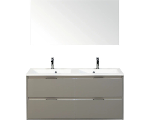 SANOX Badkamermeubelset Porto cubanit grey 120 cm met vier lades incl. dubbele kunststenen wastafel met twee kraangaten en spiegel Wastafelcombinatie met twee wastafels, spiegel en onderkast met lades