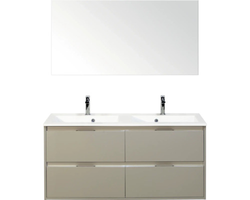 Wastafelmeubel met dubbele wastafel, kranen, onderkast en spiegel