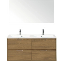 Wastafelcombinatie met spiegel, houten decor en twee wastafels