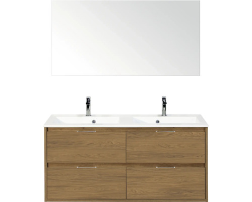 SANOX Badkamermeubelset Porto eiken 120 cm met vier lades incl. dubbele kunststenen wastafel met twee kraangaten en spiegel Wastafelcombinatie met spiegel, houten decor en twee wastafels