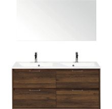 Wastafelonderkast met twee wastafels, kranen, spiegel en laden