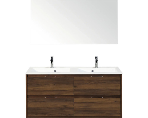 SANOX Badkamermeubelset Porto walnoot 120 cm met vier lades incl. dubbele kunststenen wastafel met twee kraangaten en spiegel Wastafelonderkast met twee wastafels, kranen, spiegel en laden