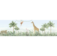 Jungle illustratie met luipaard, aap, giraffe, toekan en tropische planten