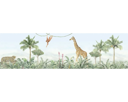 Jungle illustratie met luipaard, aap, giraffe, toekan en tropische planten