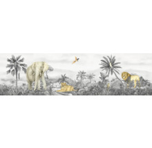 Decoratieve jungle muurschildering met olifant, leeuwen en exotische planten