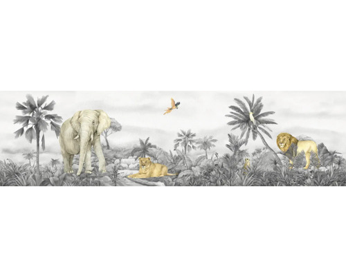 Decoratieve jungle muurschildering met olifant, leeuwen en exotische planten