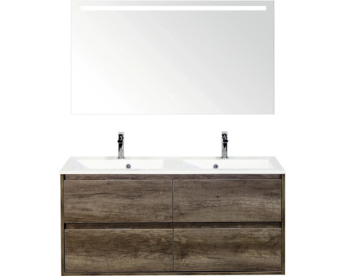 SANOX Badkamermeubelset Porto nebraska eiken 120 cm met vier lades incl. dubbele kunststenen wastafel met twee kraangaten en spiegel met verlichting Wastafelmeubel met onderkast, dubbele wastafel, kranen en verlichte spiegel