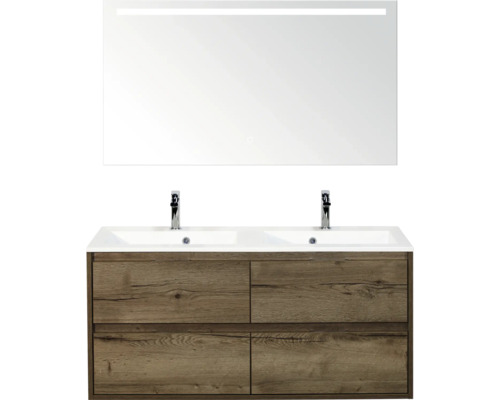 SANOX Badkamermeubelset Porto tabacco 120 cm met vier lades incl. dubbele kunststenen wastafel met twee kraangaten en spiegel met verlichting Badkamermeubelset met wastafelonderkast, dubbele wastafel en spiegel