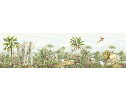 Illustratie van een junglelandschap met een olifant, leeuwen en andere wilde dieren