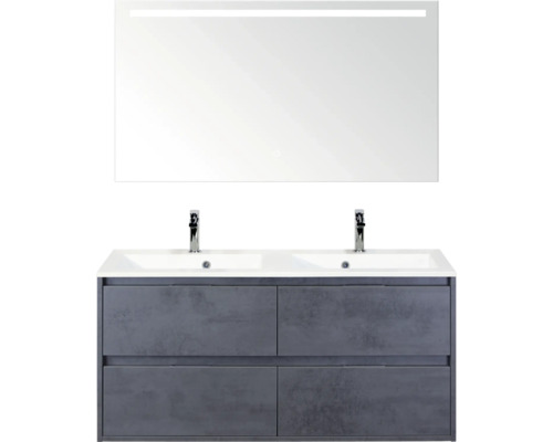 SANOX Badkamermeubelset Porto beton antraciet 120 cm met vier lades incl. dubbele kunststenen wastafel met twee kraangaten en spiegel met verlichting Badkamermeubelset met dubbele wastafel, onderkast en verlichte spiegel