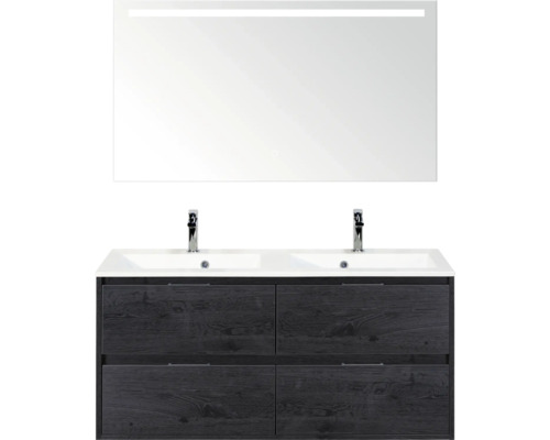 SANOX Badkamermeubelset Porto black oak 120 cm met vier lades incl. dubbele kunststenen wastafel met twee kraangaten en spiegel met verlichting Wastafelcombinatie met spiegel en twee wastafels