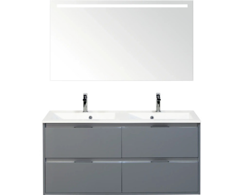 SANOX Badkamermeubelset Porto ice green 120 cm met vier lades incl. dubbele kunststenen wastafel met twee kraangaten en spiegel met verlichting Wastafelmeubel met twee wastafels, onderkast en spiegel met verlichting