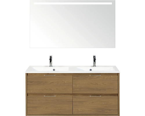 SANOX Badkamermeubelset Porto eiken 120 cm met vier lades incl. dubbele kunststenen wastafel met twee kraangaten en spiegel met verlichting Wastafelmeubel met spiegel, onderkast, twee wastafels en vier lades