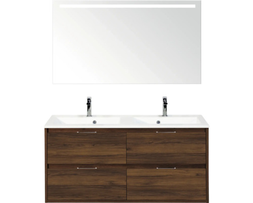 SANOX Badkamermeubelset Porto walnoot 120 cm met vier lades incl. dubbele kunststenen wastafel met twee kraangaten en spiegel met verlichting Wastafelcombinatie met spiegel en onderkast