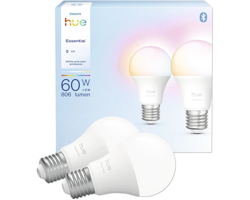 PHILIPS Essential Hue White and Color LED-lamp E27/9W A60 RGBW, 2 stuks Philips Hue Essential E27 ledlamp, 2 stuks