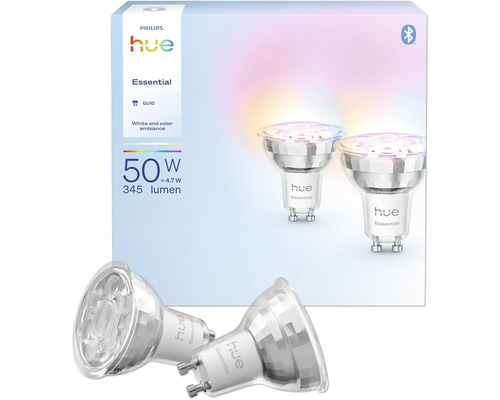 PHILIPS Hue Essential White and Color LED-lamp GU10/4,2W RGBW, 2 stuks Philips Hue Essential GU10 lamp, witte en gekleurde sfeer, 50 watt