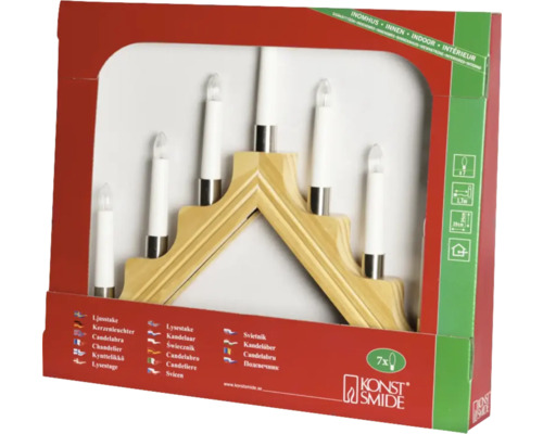 Decoratieve lichtboog met zeven lampen in productverpakking.