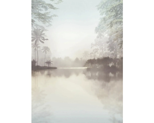 Fotobehang met wazig merengebied en bomen