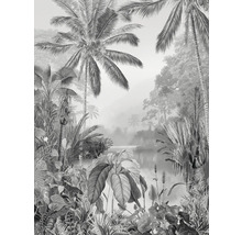 Illustratie van een tropisch landschap met palmbomen en weelderige vegetatie