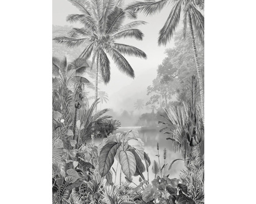 Illustratie van een tropisch landschap met palmbomen en weelderige vegetatie