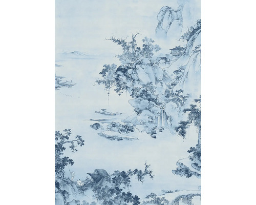 Behang met Chinees landschap, inclusief bergen, bomen, watervallen en boten