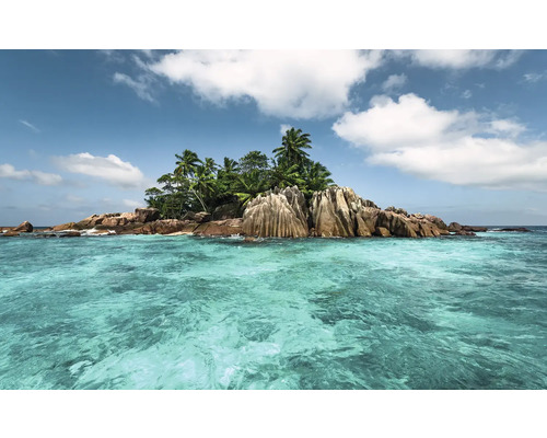 KOMAR Fotobehang vlies SHX9-078 Wanderlust - Stefan Hefele Treasure Island 450x280 cm Tropisch eiland met rotsen en palmbomen in turquoise zee
