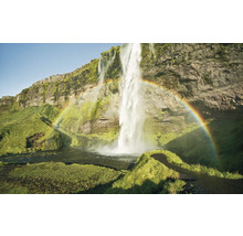 Waterval met regenboog in een groen landschap