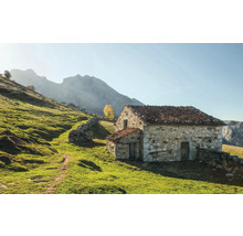 Steenhuis in een groen landschap met bergen