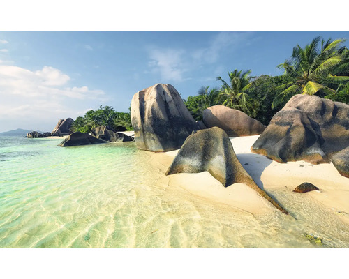 KOMAR Fotobehang vlies SHX9-062 Wanderlust - Stefan Hefele Ocean Pearl 450x280 cm Strandlandschap met rotsen en palmbomen