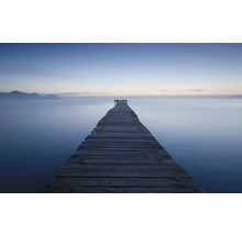 Houten steiger aan het meer bij schemering