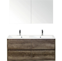 Wastafelcombinatie met spiegelkast, twee wastafels en houten structuur