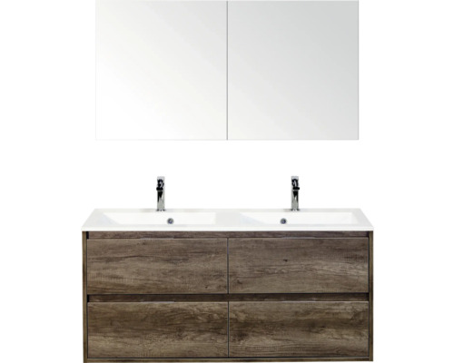 SANOX Badkamermeubelset Porto nebraska eiken 120 cm met vier lades incl. dubbele kunststenen wastafel met twee kraangaten en spiegelkast Wastafelcombinatie met spiegelkast, twee wastafels en houten structuur