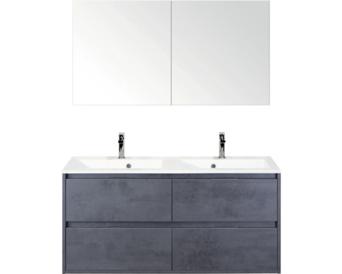 SANOX Badkamermeubelset Porto beton antraciet 120 cm met vier lades incl. dubbele kunststenen wastafel met twee kraangaten en spiegelkast Badkamermeubelset met wastafelonderkast, dubbele wastafel en spiegelkast