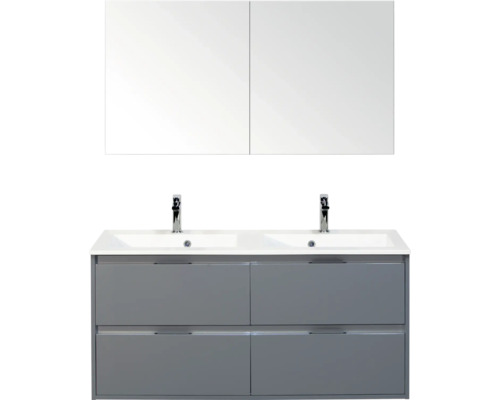 SANOX Badkamermeubelset Porto ice green 120 cm met vier lades incl. dubbele kunststenen wastafel met twee kraangaten en spiegelkast Badkamermeubelset met wastafel, onderkast en spiegelkast